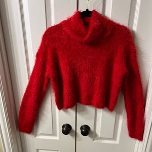 Bright red fuzzy crop sweater